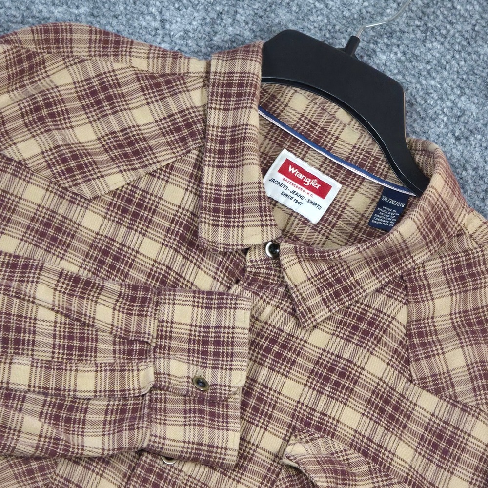 Wrangler Flannel Button Down Shirt 3XL Tan Brown Plaid‎ Long Sleeve Big & Tall